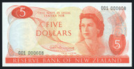New Zealand - $5 - Fleming - Low First Prefix - 001 000608 - Unc