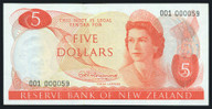 New Zealand - $5 - Fleming - Low First Prefix - 001 000059 - Unc