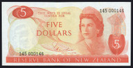New Zealand - $5 - Hardie - Low First Prefix - 145 000146 - Unc