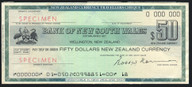 New Zealand - 50 Dollars - Travelers Cheque - Bank Of New South Wales - Specimen