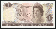 New Zealand - $1 - Fleming - 0A 000873 - First Prefix - Low Serial - Unc