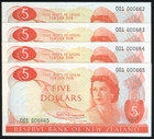 New Zealand - $5 - Fleming - 001 000662-684 - 4 Consecutive - First Prefix - Unc