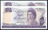 New Zealand - $2 - Wilks - 0E0 000123-124 - Consecutive Pair - First Prefix - Unc