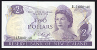 New Zealand - $2 - Knight - 1L5 000140 - First Prefix - Low Serial - Unc