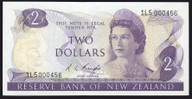New Zealand - $2 - Knight - 1L5 000456 - First Prefix - Low Serial - Unc