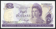 New Zealand - $2 - Knight - 1L5 000462 - First Prefix - Low Serial - Unc