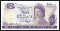 New Zealand - $2 - Knight - 1L5 000472 - First Prefix - Low Serial - Unc
