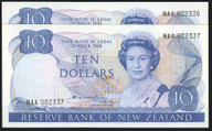 New Zealand - $10 - Hardie - NAA002336-337 - First Prefix - Consecutive Pair - Unc