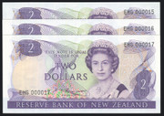 New Zealand - $2 - Russell - EHG000015-17 - First Prefix - Low Consecutive Trio - Unc
