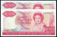 New Zealand - $100 - Hardie - Consecutive Pair - YAA002011 - YAA002012 - Unc