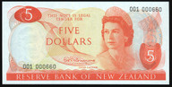 New Zealand - $5 - Fleming - First Prefix - Low Serial - 001 000660 - Unc