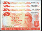 New Zealand - $5 - Fleming - 4 First Prefix Notes - Low Serial - 001 000667-670 - aUnc