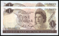 New Zealand - $1 - Knight - Consecutive Low Pair - C10 000378-379 - Unc