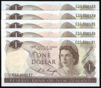 New Zealand - $1 - Knight - 5 Consecutive - First Prefix - C10 000133-137 - Unc