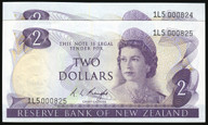 New Zealand - $2 - Knight - Consecutive Low Pair - 1L5 000824-825 - Unc
