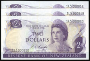 New Zealand - $2 - Knight - Consecutive Low Trio - 1L5 000818-820 - Unc