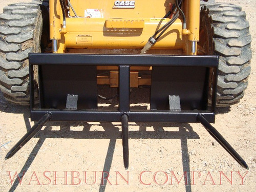 Skid Steer Hay Bale Mover 3-48" Spears 5' wide heavy duty  Frame,
Hay Spears are tapered, forged and heat treated
Bale spears are rated at 3000# at a 30" load center.