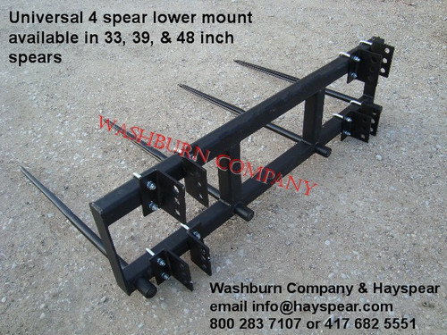 Hay Bale Mover 3 Point or Front Loader 4 Spear 48", 6' Frame
Universal Hay Bale Mover 3 Point 4 Spear 48",  6' Frame, 3 point hay bale spear, 3 point bale mover, tractor loader hay mover, 3-point hay spear, carries 2 bales at a time
