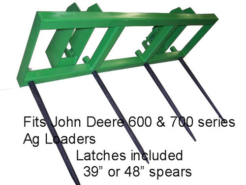  Hay Mover Stacker John Deere 600-700 4 Spear, 48" Long, hay spear for JD 620,625,640, 645,721,726,741,746, hay tine, hay spike, bale penetrator, spears for sale, round hay bale carriers, square bale fork, john
deere 640 bale spear, fork attachment for tractor, john deere bale spear, round bale spear  mc
