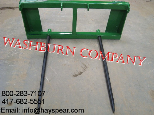 Hay Bale Spear for John Deere 200-500, 2 Spear 48" Long, hay bale spear
Top pin fits John Deere JD quick attach 200x, 200cx, 300, 300cx, 300x, 400, 400x, 400cx, 410, 420, 430, 440, 460 series ag tractor loaders.
Bottom pin set fits 500, 510, 520, 521, 540, 541, & 542 series ag loaders.
 hay fork for tractor, bale spears for sale, bale spear kit, bale spears for loaders, bale fork, double bale spear, squared bale
forks aw