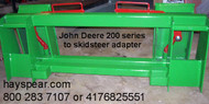 JD 240, 245, 260 & 265 to Skid Steer Attachments Adapter 
Two crossbar design keeps the face of thee latch boxes in line and keeps them from twisting and going out of alignment.
Latch box sides are 1/2" thick and are made from grade 50 plate for added strength.
The latching pins are designed so that when the latches are closed the springs are bottomed out so that the pins cannot come unlatched.
Bushing for pins
Grease Zerk in both latching pin tubes
Couples the two different Quick hitches as close as is physically possible for maintaining maximum lifting capacity.
Quick attach adapters are also available for tractor loaders with pin on buckets to convert them to quick attach.
