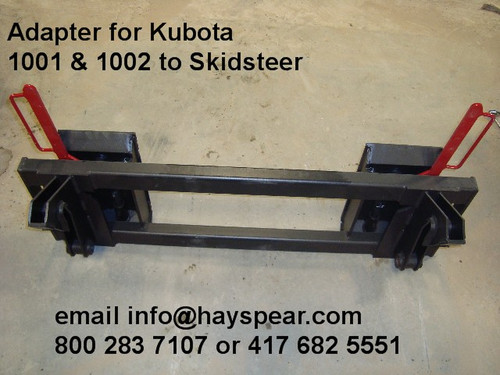 Kubota 1001 1002 Loader to Skid Steer Bobcat Quick Hitch Adapter
Heavy duty construction throughout.
Two crossbar design keeps the face of thee latch boxes in line and keeps them from twisting and going out of alignment.
Latch box sides are 1/2" thick and are made from grade 50 plate for added strength.
The latching pins are designed so that when the latches are closed the springs are bottomed out so that the pins cannot come unlatched.
Bushing for pins
Grease Zerk in both latching pin tubes
Couples the two different Quick hitches as close as is physically possible for maintaining maximum lifting capacity.
Quick attach adapters are also available for tractor loaders with pin on buckets to convert them to quick attach.