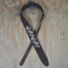 Flowers Embroidered Brown Suede Guitar Strap