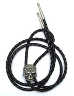 WESTERN BOLO TIE with JEWELED SKULL ANTIQUED ORNAMENT