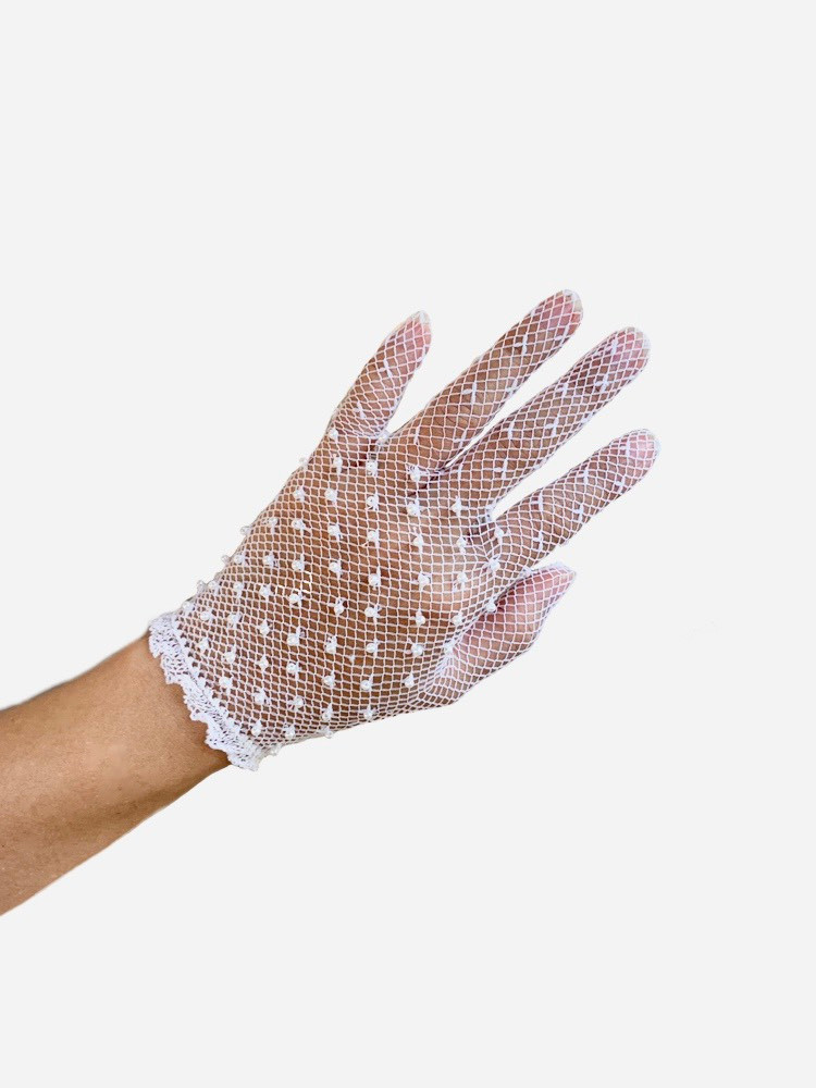 Delicate Long Stretch Nylon Filet Crochet Gloves with Sequins and Beads 