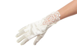Girl's Satin Gloves with Faux Pearl Beads Accent Trim Around the Wrist