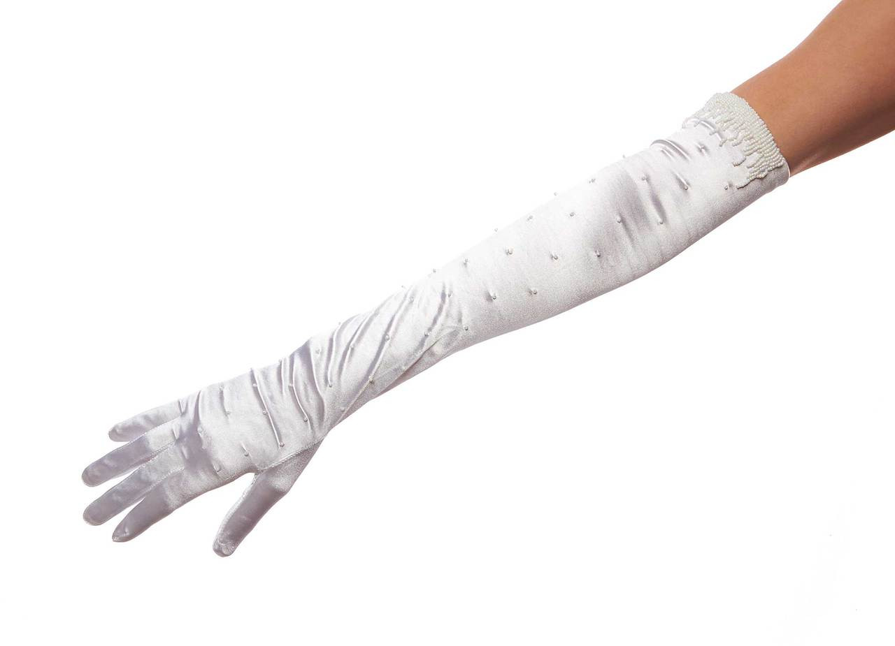 White Shiny Satin Gloves 14 Button Length All Over Beads at the Cuff