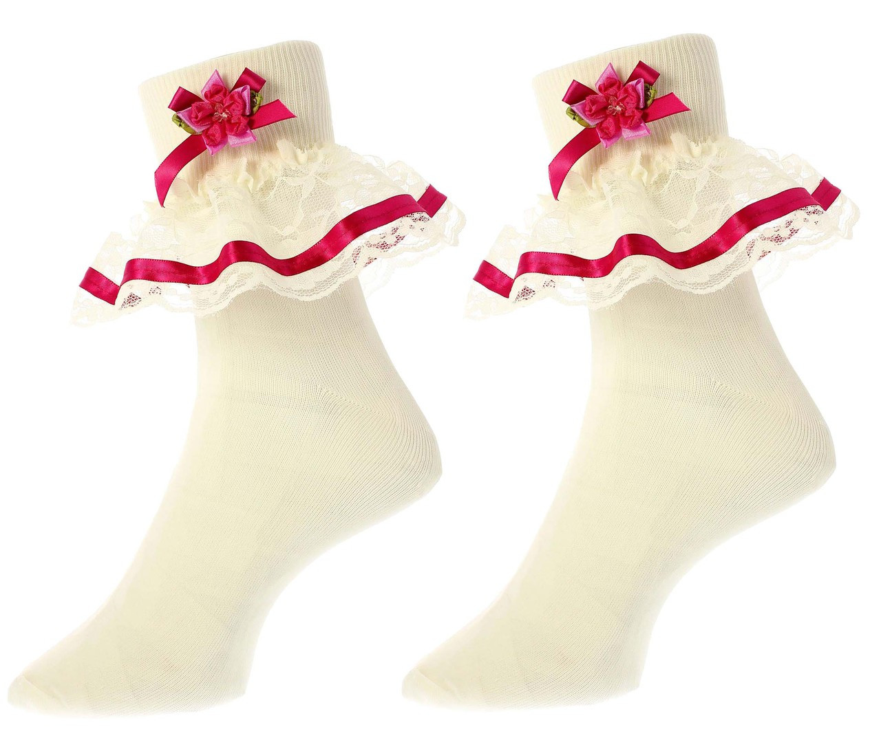 Girls Ivory Nylon & Lace Flower Girl Socks with Ivory Satin Ribbon and Roses 