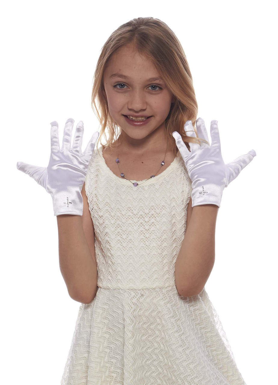 Kids Girls Lace Satin Fingerless White Gloves First Communion Wedding Flower 2 