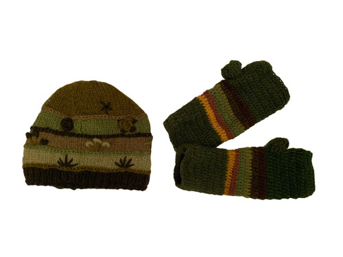 Matching green winter wool hat and mittens