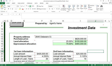 Finally, the CRS style investment analysis is now automated.  By adding just a few details about a property, you can prepare a comprehensive Investment Analysis on any given property.  Excel will then calculate (the green shaded fields) Cash flow before and after tax, Projected proceeds before and after tax, tax deductions, capital gains, mortgages, mortgage payoffs, yields, Gross Rent Multipliers, Capitalization Rates, Cash on Cash, Debt Coverage Ratios, and more.  Several pull up “Help” screens explain entries to make completion a snap.  So easy you can compile several scenarios for a single property to bridge conservative with optimistic.  It is so easy to look like a pro with tools like these.