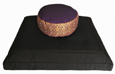 Boon Decor Meditation Cushion Combo Fill Zafu and Black Zabuton Set - Indochine Collection - Purple