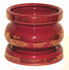 Boon Decor Incense Bowl - Sutra Writing and Dragon with Base - Porcelain Gold/Burgundy 