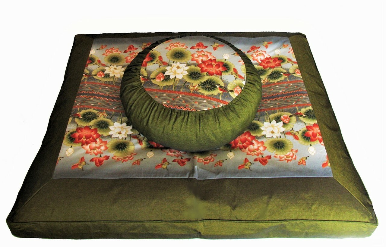 Meditation Cushion Zafu Pillow & Zabuton Cushion Floor Mat Set "Om in Lotus" 
