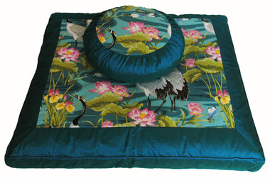 Boon Decor Zafu and Zabuton Meditation Cushion Set - One of a Kind - Cranes in Lotus Garden