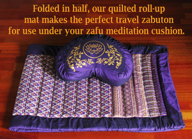 Boon Decor Meditation Roll Up Floor Mat w/Carry Handle - Quilted Cotton Prints Shown As A Travel Zabaton Under Zafu