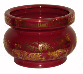 Boon Decor Incense Bowl - Sutra Writing - Porcelain w/Golden Dragon 6.5 Burgundy