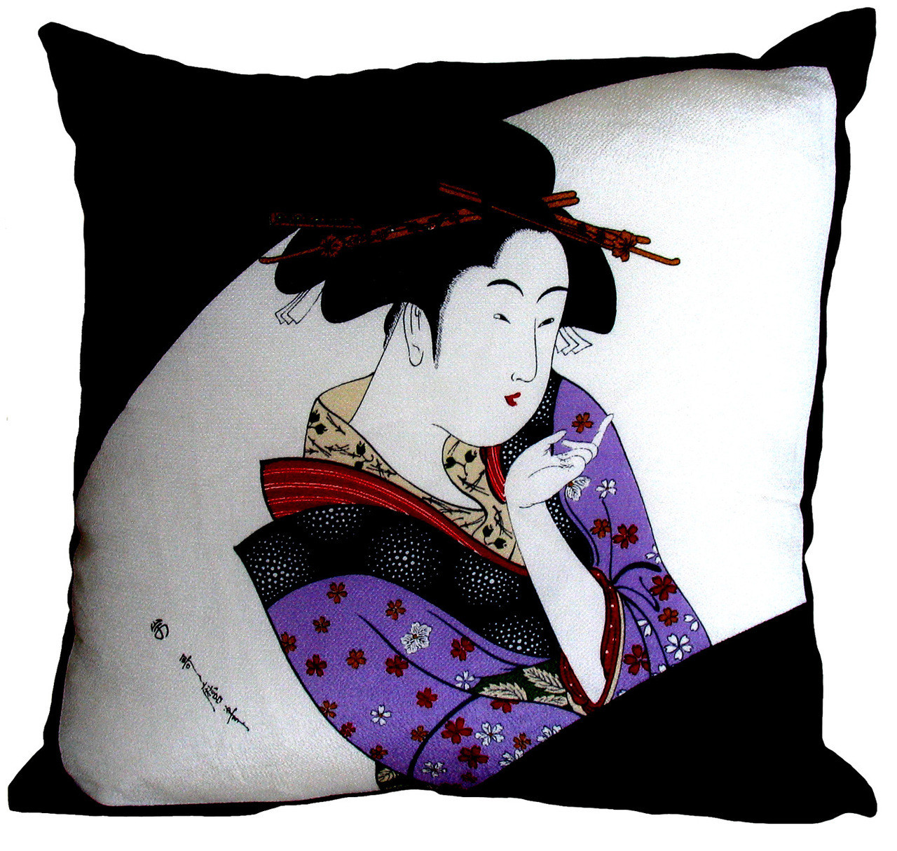 Throw Pillow Japanese Silk Furoshiki Lady in Lavender Kimono Boon
