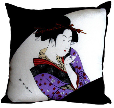Boon Decor Throw Pillow - Japanese Silk Furoshiki Lady in Lavender Kimono