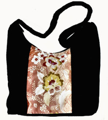 Boon Decor Handbag Japanese Silk Kimono Print Fabric - Floral Taupe on Black