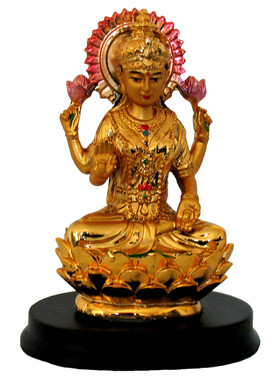 Boon Decor Lakshimi Figurine On Golden Lotus w/Black Base - Painted Resin 4