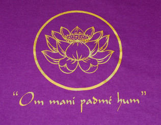 Boon Decor Womens Tee Shirts - Silk-screened Sacrad Symbols - 100percent Organic Cotton Womens Tee Shirt - Om mani padmi hum Purple