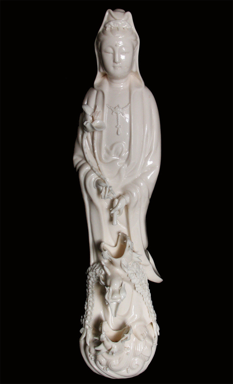 Quan Yin Statue 16" Porcelain With Three Dragons Boon Decor