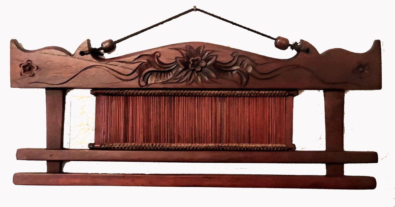 Fabric/Runner Hanger 17.75" Carved Teak Wood With Antique Loom Shuttle -  Boon Decor