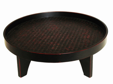Boon Decor Round Serving Tray On Base - Wood w/Hand Woven Bamboo Inlay - Black