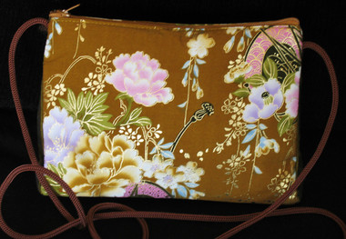 Boon Decor Shoulder Bag - Japanese Kimono Silk Purse Golden Brown Peony